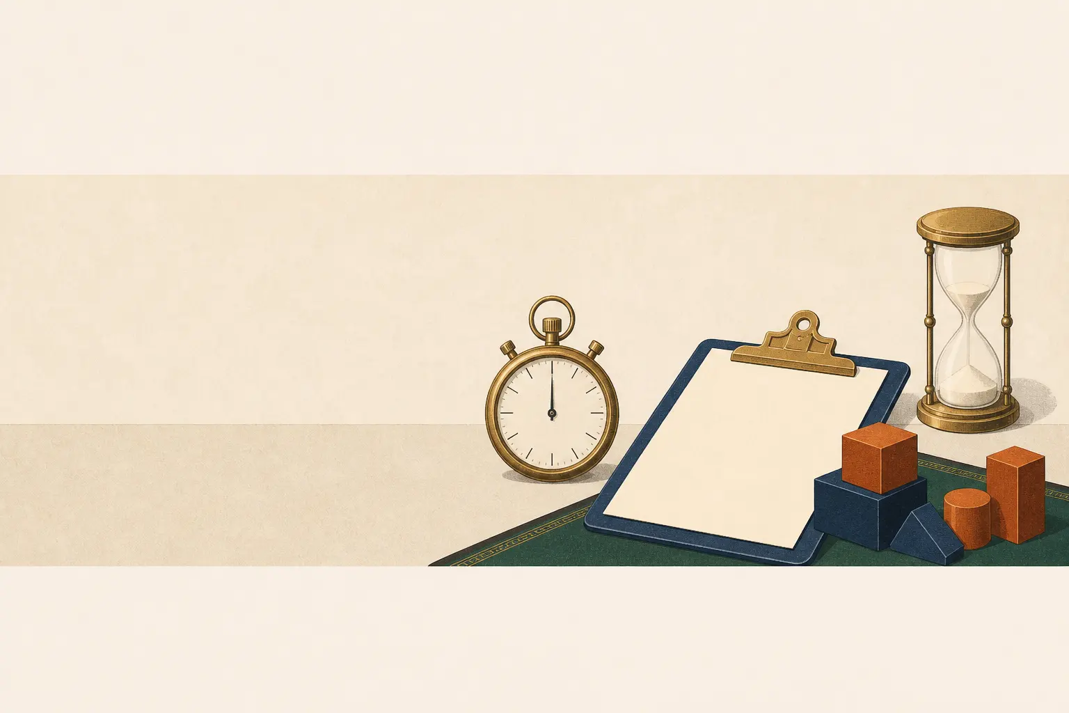 Stopwatch, clipboard, and puzzle blocks