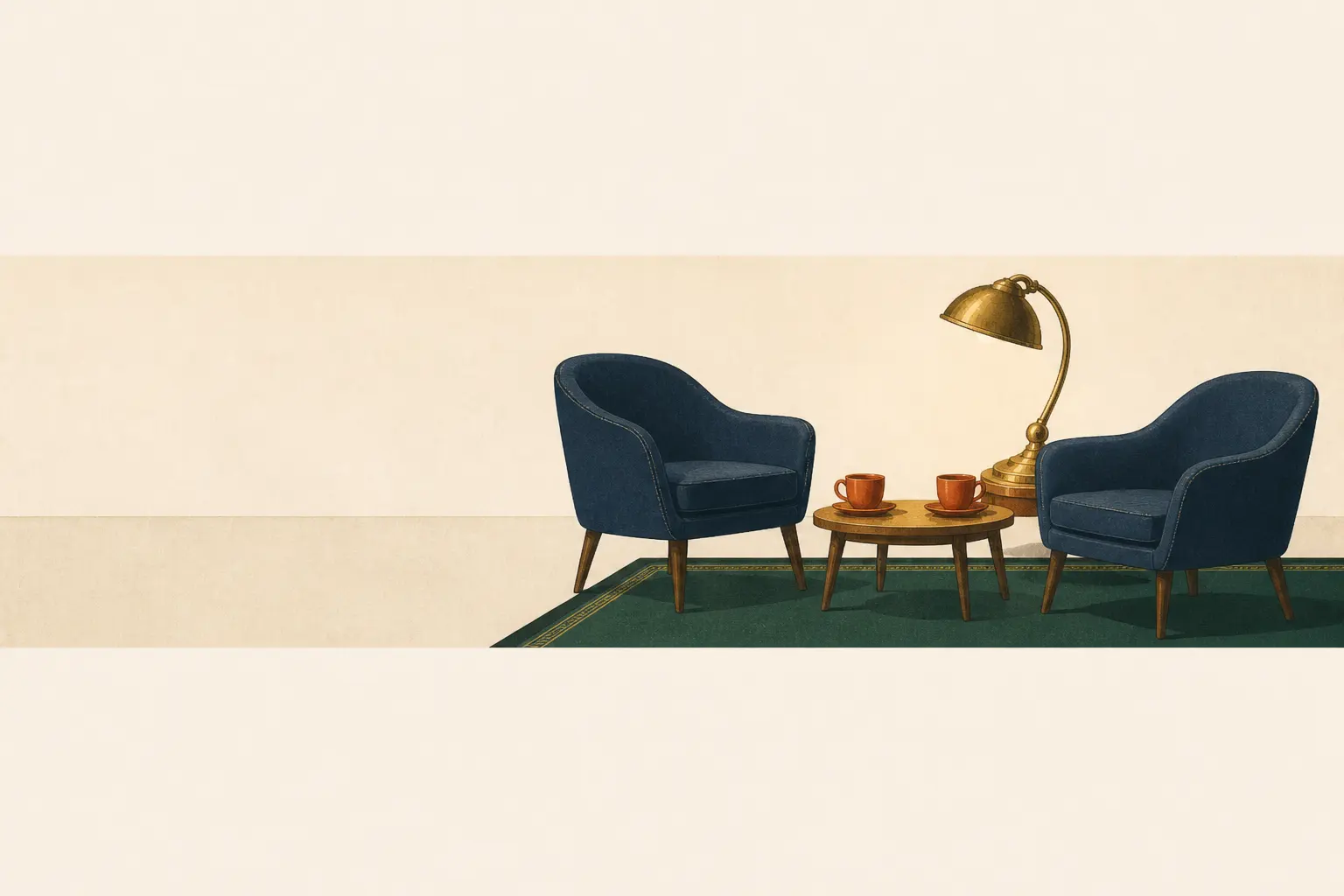 Two empty armchairs and coffee cups