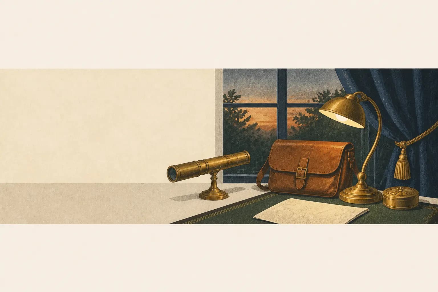 Small atelier window, lamp, and leather satchel