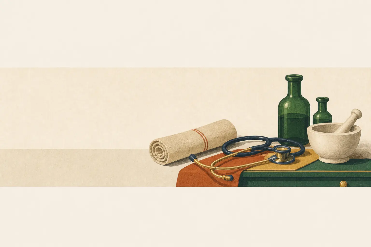 Green glass bottles and a stethoscope on linen