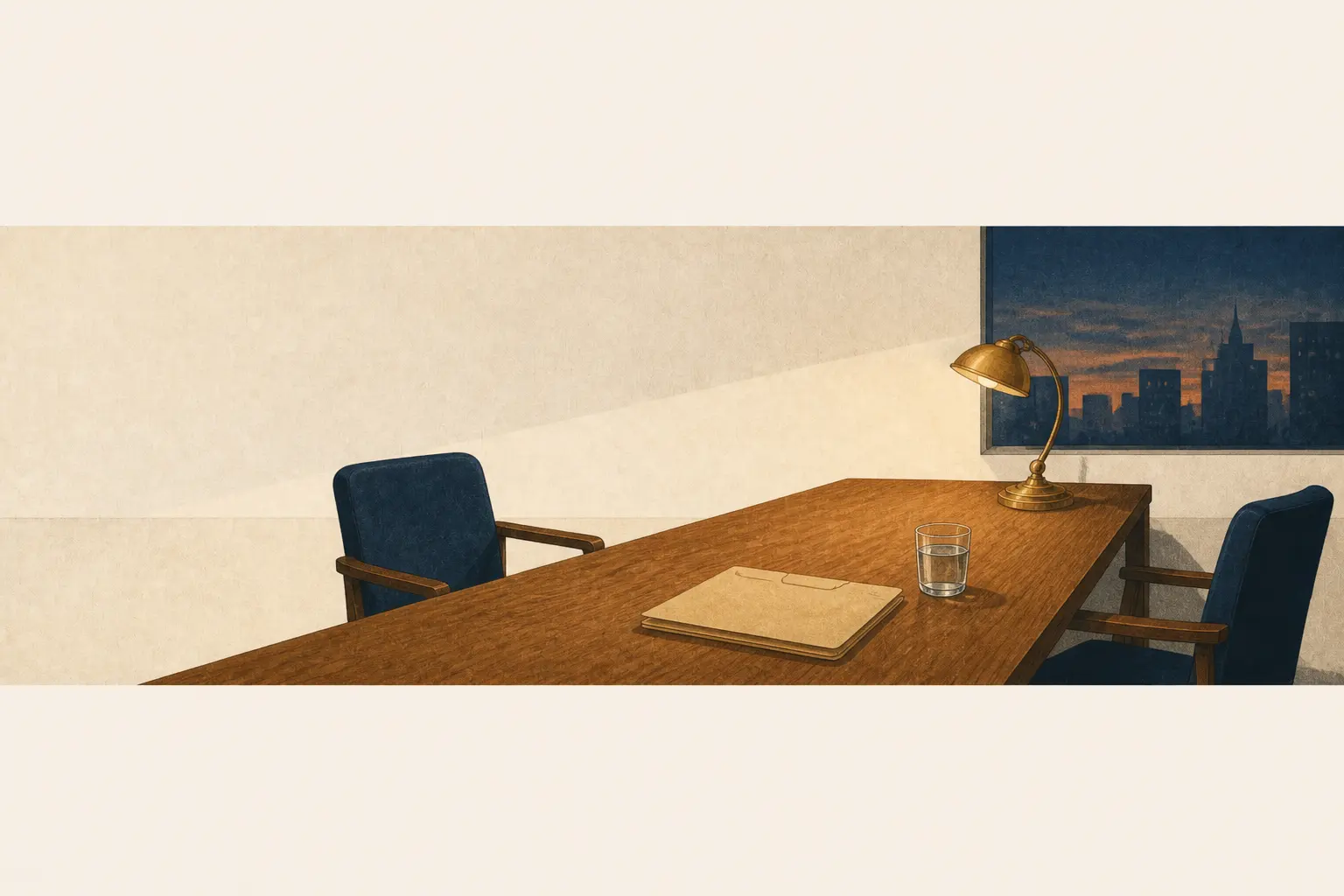 Two empty chairs across a long interview table