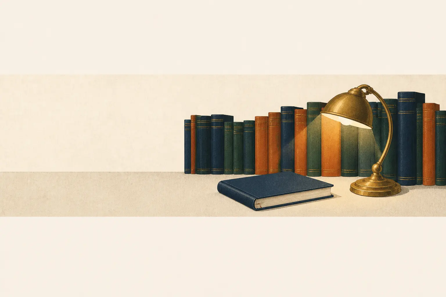 Shelf of cloth-bound books and a library lamp