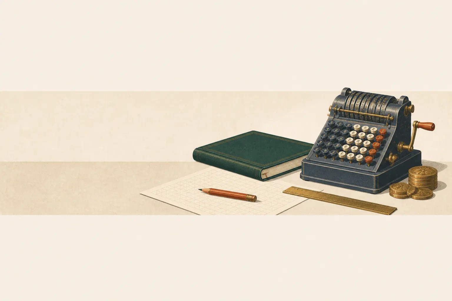 Calculator, ruler, coins, and a ledger on a desk