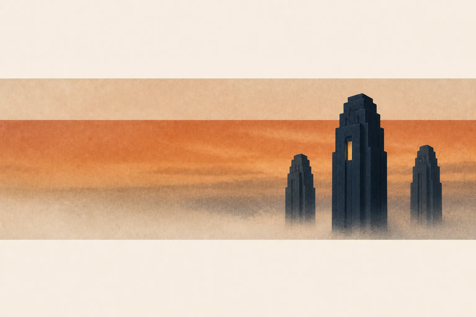 Three navy towers in evening fog