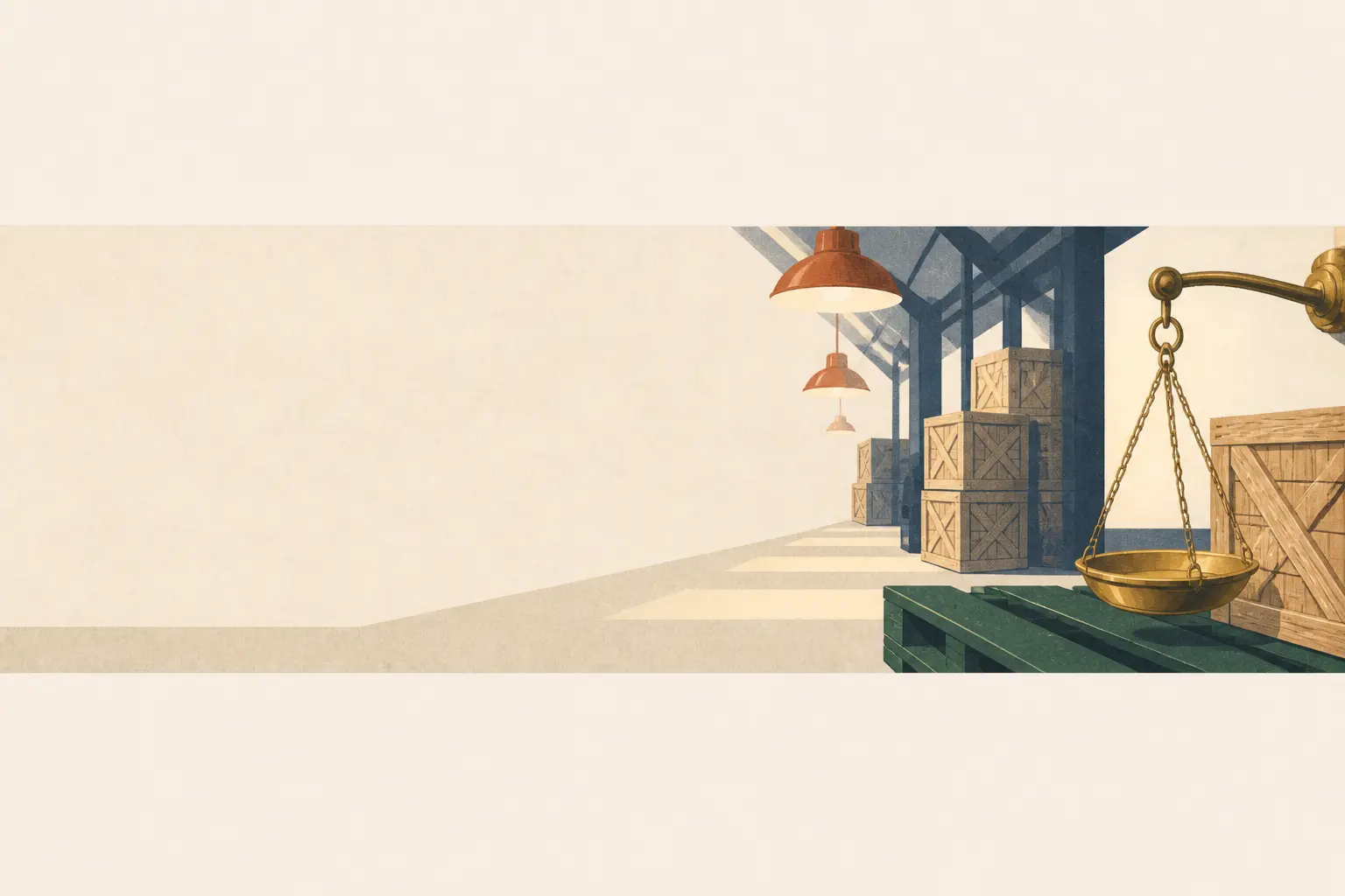 Warehouse aisle with crates and a hanging scale