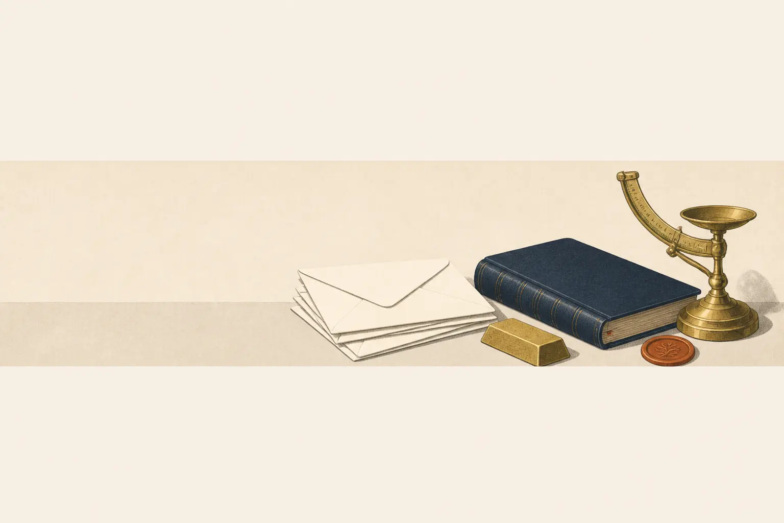 Envelopes, gold bar, and a leather ledger