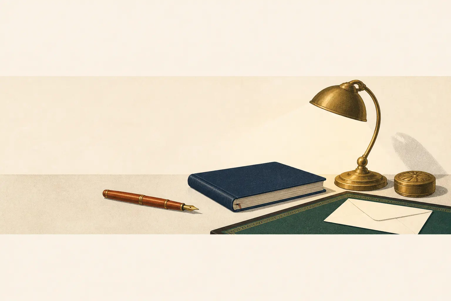 Desk lamp, notebook, and fountain pen on cream paper