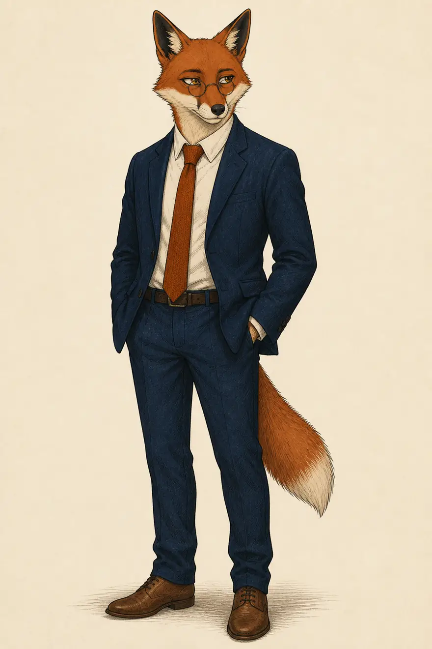 Full-body portrait of Ned in a rumpled navy suit